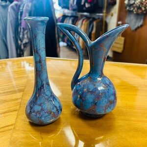 Vintage 1980 Set of 2 Bud Vases Elegant Blue Marble Handmade Pottery Retro Gold